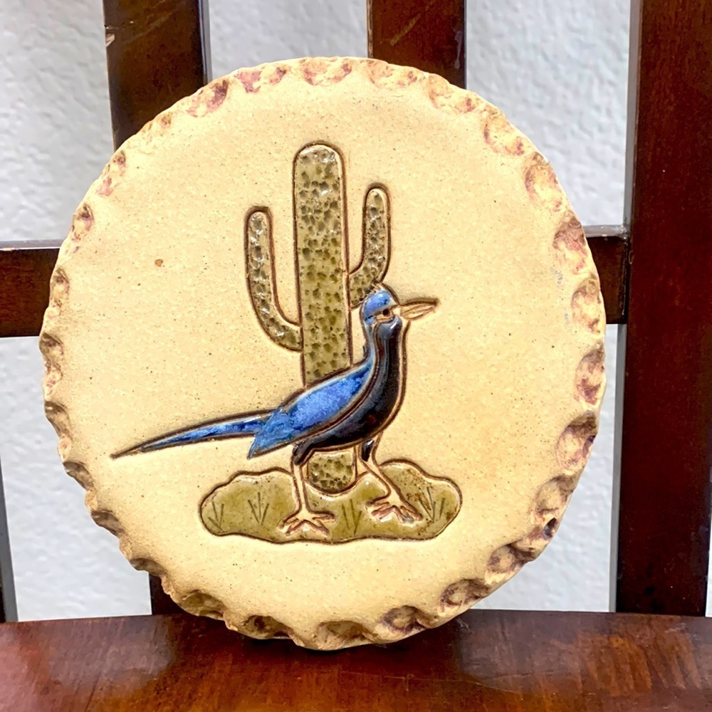 NAN GROVES Roadrunner Design Stone Wall Tile Hanging SIGNED